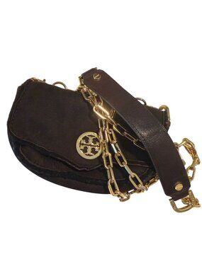 Tory Burch Brown Suede and Leather Gold Chain Strap Flap Over Crossbody